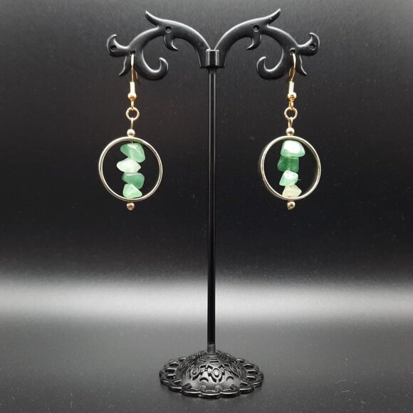 Green Agate Chakra Healing Gemstone Drop Circle Earrings Handmade Jewelry - Picture 2 of 7